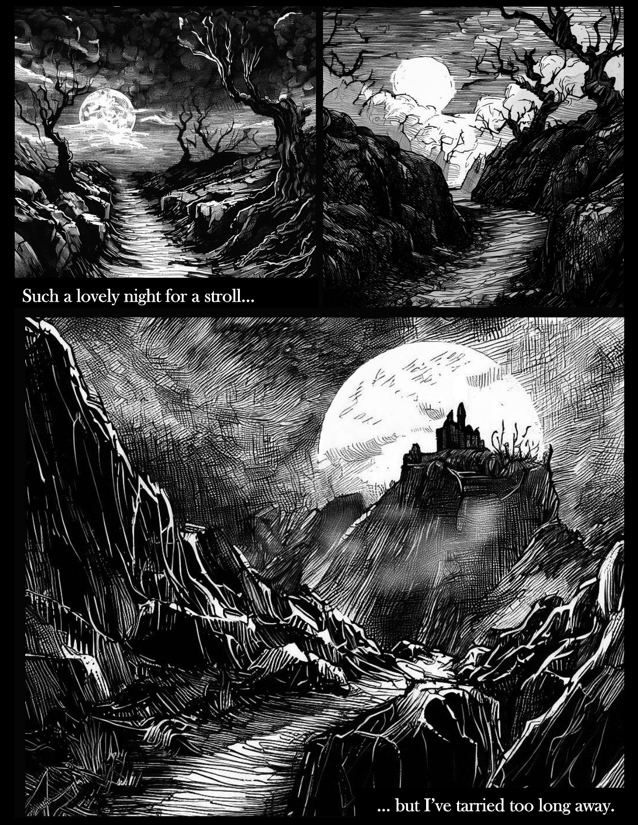 The Homecoming, Page 1. Illustrations by Tim Treadwell for Let's Walk In The Dark.